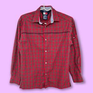 Tommy Hilfiger MEDIUM VINTAGE 90s Womens Red Plaid Shirt Button Up Lumberjack